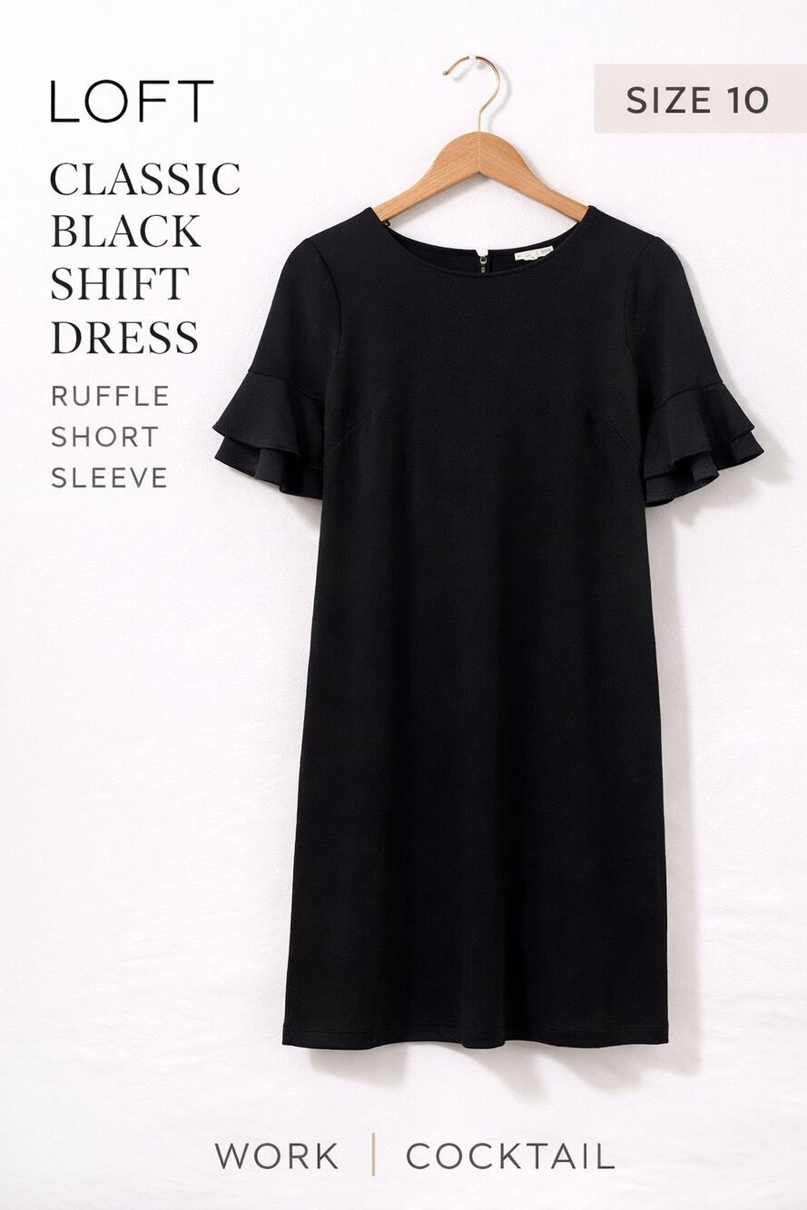 LOFT Black Shift Dress Size 10 Ruffle Sleeve Short Sleeve Work Cocktail